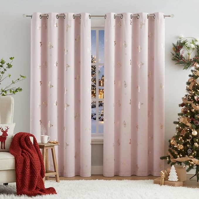 Jubilantex Pink and Gold Butterfly Blackout Curtains 95" Length for Baby Girls Nursery Bedroom 80% Blackout Grommet Window Treatment,1 Pair Lavender Pink/Baby Pink