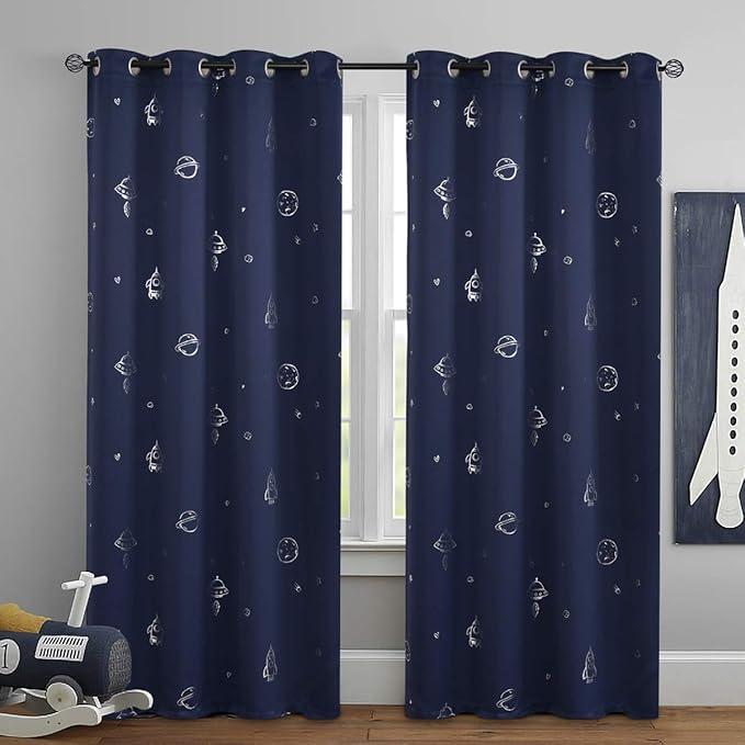 Vangao Navy Blue Kids Curtains for Boys Bedroom Space Theme Blackout Curtains for Kids Nursery Girls Room 72 Inches Length Silver Foil Print Drapes Grommet Top Window Treatments Set 2 Panels