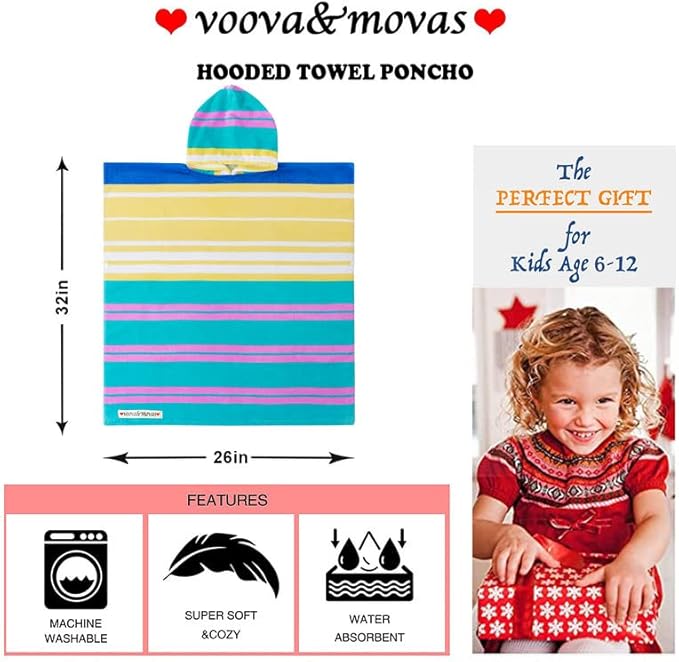 VOOVA & MOVAS Hooded Towels Poncho for Big Kids, Oversized (6-12Years,26"X64") Made from 100% Soft Cotton,Perfect for Swimming | Bathing | Beach | Birthday Gifts, Colorful Stripe