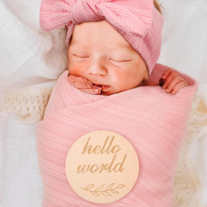 BQUBO Baby Swaddle Blankets for Girls, 4PCS Newborn Accessories Set with Hat and Bow Headband with Hello World Wooden Birth Announcement Card, Baby Blankets for Girls (Pink)