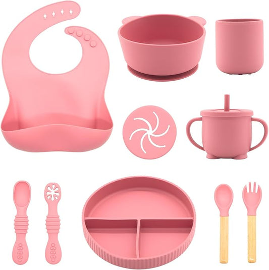 CHCC Silicone Baby Feeding Set 10 Pcs, Baby Led Weaning Supplies, Baby Feeding Supplies Set BPA Free, Baby Essentials for Newborn Gift Red