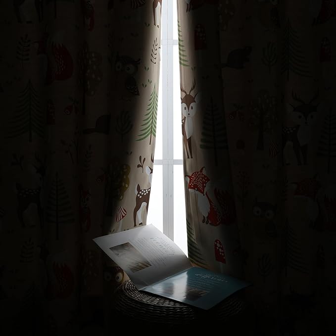 L.Z.E Cream Kids Curtains for Bedroom Nursery, 85% Room Darkening Blackout Thermal Insulated Drapes for Boys Girls Room, Beige Forest Animal Print Design Grommet Top 2 Panels Set, 52 x 72 Inch