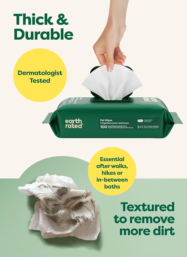 Earth Rated Pet Wipes for Dogs and Cats, Hypoallergenic, Cleaning and Hydrating, for Grooming Paws, Body and Butt, Unscented, 100 Count