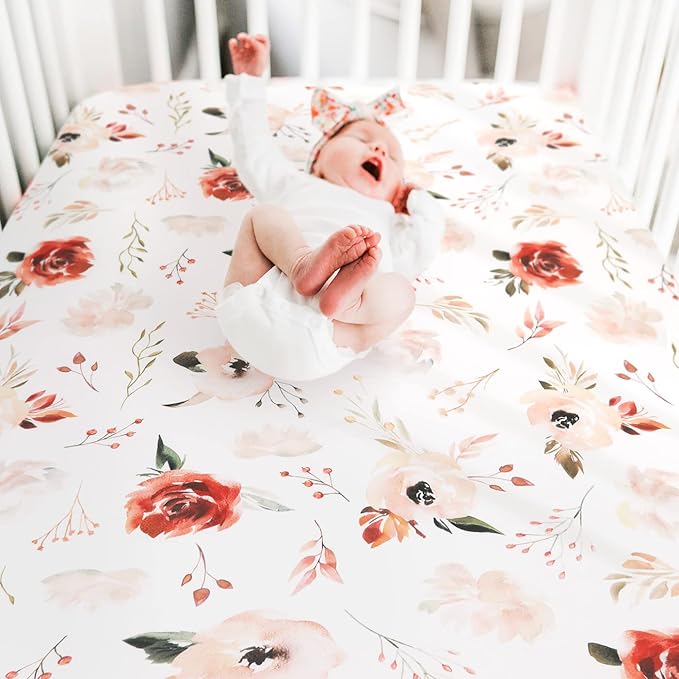GRSSDER Ultra Soft Jersey Knit Fitted Crib Sheets 2 Pack, Universal Fit Crib Mattress Pads Snug and Safe, Breathable Crib Mattress Sheet for Baby Girls, Pretty Watercolor Pink Rose Flora