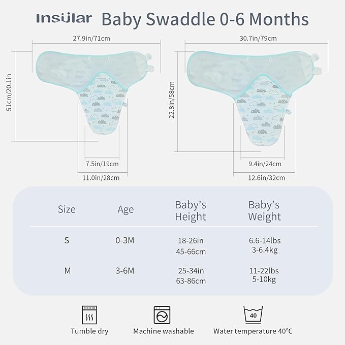 insular Baby Swaddle Wrap, Swaddle Blanket for Newborn and Infant, Adjustable Swaddling Set for Boy and Girl, Soft Cotton Baby Sleep Sack 3 Pack, Clouds, Medium(3-6 Month)