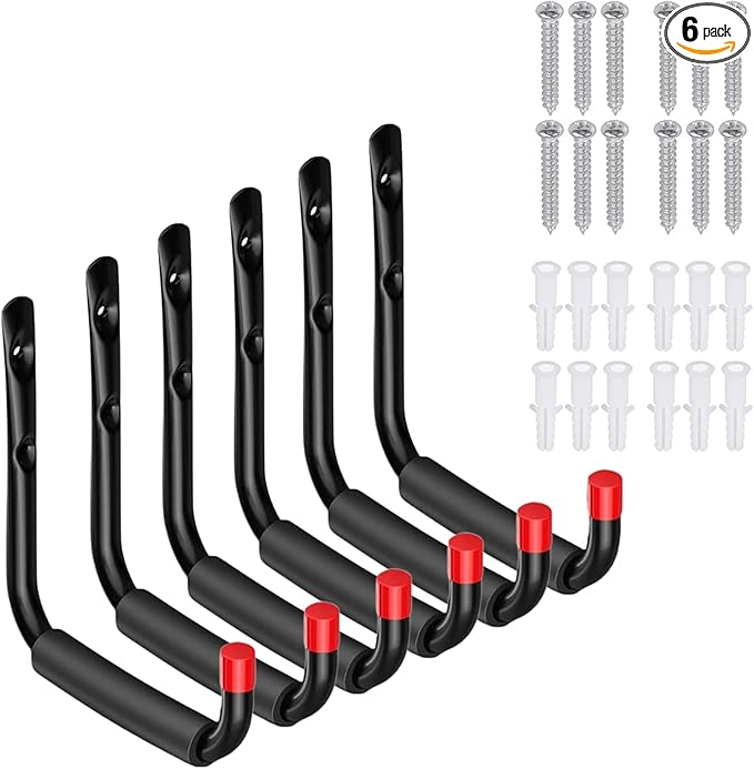 6 Pack Garage Hooks Heavy Duty, Utility Steel Hooks with EVA Foam Padding, 7.08inch Wall Mount J Organizer Hanger for Hanging Bikes Kayak Garden Tool Hose Bike Shelf