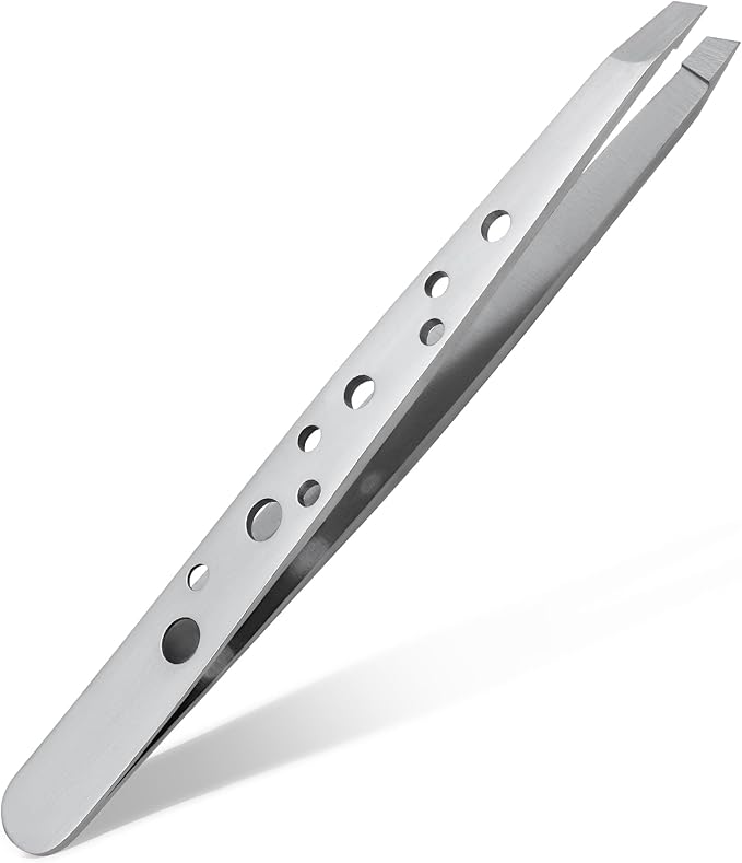 Premium Slant Tip Tweezers – Handmade Japanese Stainless Steel, Ultra-Precise Hair Removal Tool for Brows, Ingrowns & Splinters – Ergonomic 9-Hole Grip, Professional Salon Quality (Classic Silver)