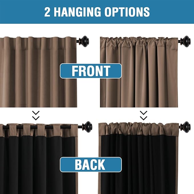 H.VERSAILTEX 100% Blackout Curtains for Bedroom with Black Liner Full Room Darkening Curtains 54 Inches Long Thermal Insulated Back Tab/Rod Pocket Window Drapes for Living Room, 2 Panels, Macchiato