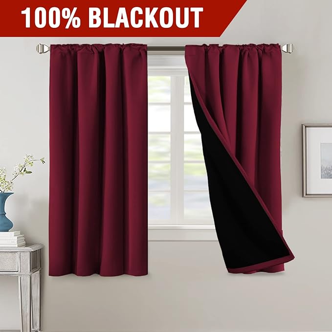 H.VERSAILTEX 100% Blackout Curtains for Bedroom with Black Liner Full Room Darkening Curtains Thermal Insulated Back Tab/Rod Pocket Window Drapes for Living Room, 2 Panels, 42 x 63 Inch, Burgundy