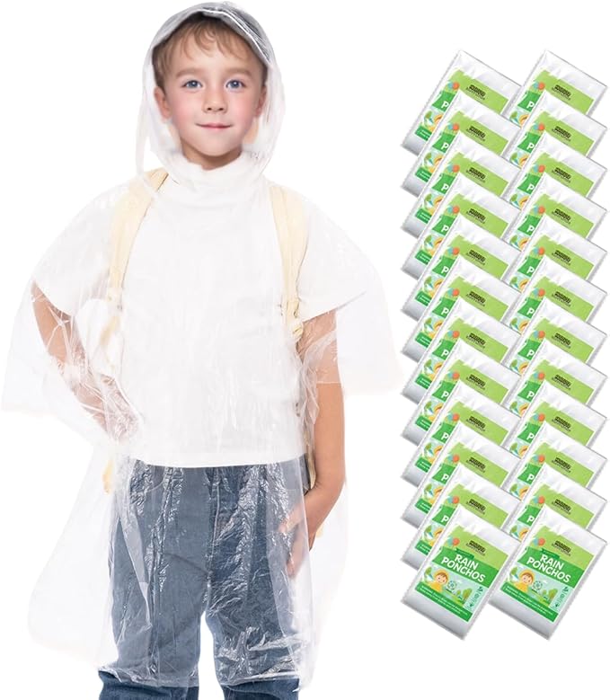 Hitituto Rain Ponchos Family Pack Kids– 6/12/24 Pack Disposable Poncho with Hood, Clear & Assorted Colors, Home Survival Kits