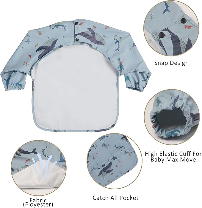 HALAA VAUVA Long Sleeve Baby Bibs for Toddlers, Waterproof, Boys Girls Smock with Food Catcher Pocket for Feeding, Eating