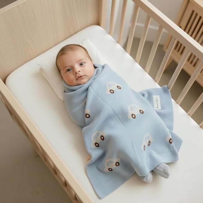 Baby Blanket for Boys 100% Cotton Buttery Soft Cozy Receiving Swaddle Stroller Blanket for Shower Gift Registry for Newborns, Infants, Toddlers (Cars - Baby Blue)