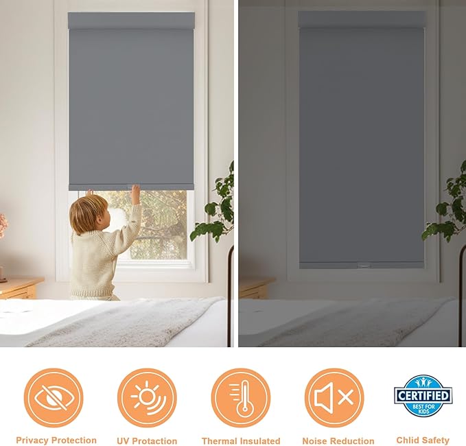 Persilux No Drill No Tools Blackout Roller Shades for Indoor Window Shades Cordless Roller Blinds, UV Protection Thermal Insulated Roller Window Shades for Home Bedroom Office (Grey, 24.5" W x 72" H)