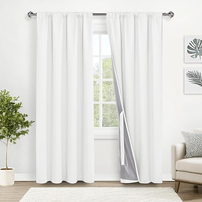 XWZO 100% Blackout Curtains 2 Panels with Tiebacks- Heat and Full Light Blocking Window Treatment with Black Liner for Bedroom/Nursery, Rod Pocket & Back Tab, Ivory, W52 x L84 Inches Long, Set of 2