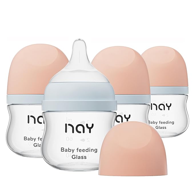 yanyoyo Natural Glass Baby Bottle Wide Neck, Newborn Anti-Colic Baby Bottle, Clear, 3oz(Pack of 4), Includes 4Pcs Slow Flow Nipple(SS), 0 Months+