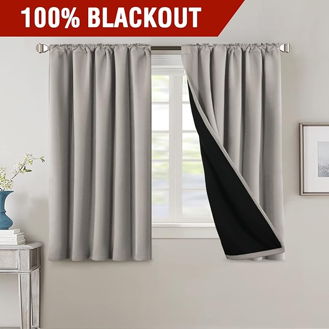 H.VERSAILTEX 100% Blackout Curtains for Bedroom with Black Liner Full Room Darkening Curtains 54 Inches Long Thermal Insulated Back Tab/Rod Pocket Window Drapes for Living Room, 2 Panels, Warm Taupe