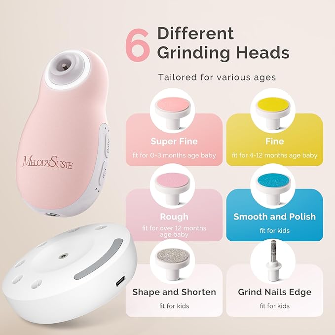 MelodySusie Baby Electric Nail File Kit, PC20F Rechargeable & Safe Nail Trimmer with Night Light, Quiet Operation for Newborns, Infants, Toddlers, Gentle Nail Care Clipper, Pink
