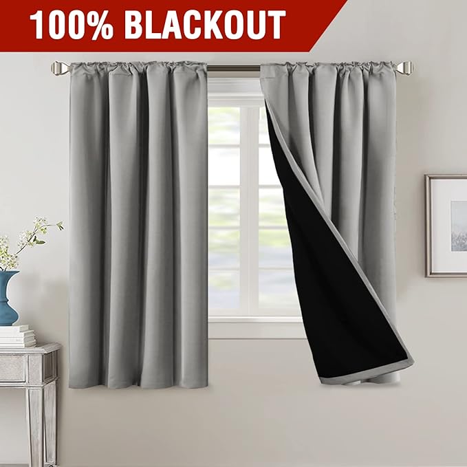 H.VERSAILTEX 100% Blackout Curtains for Bedroom with Black Liner Full Room Darkening Curtains Thermal Insulated Back Tab/Rod Pocket Window Drapes for Living Room, 2 Panels, 42 x 63 Inch, Dove Grey
