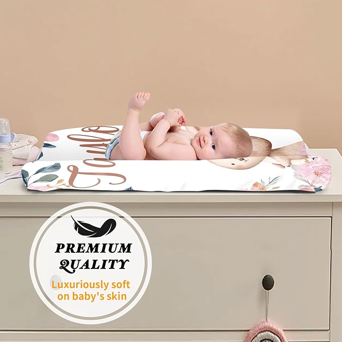 Custom Changing Pad Cover Set - Jersey Knit Ultra Soft Unisex Waterproof Diaper Changing Table Covers with Personalized Name for Baby Boys Girls - Comfy Cozy 2 Pcs Set Style04
