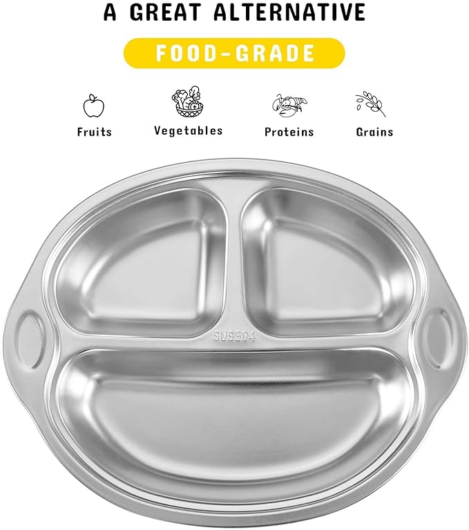 Mrs. Chou Stainless Steel Baby Suction Plates: Divided Plates for Babies and Toddlers, Made of 100% Food-Grade Materials Ideal for Baby-Led Weaning BPA-Free Toddler Feeding Dishwasher Safe Yellow