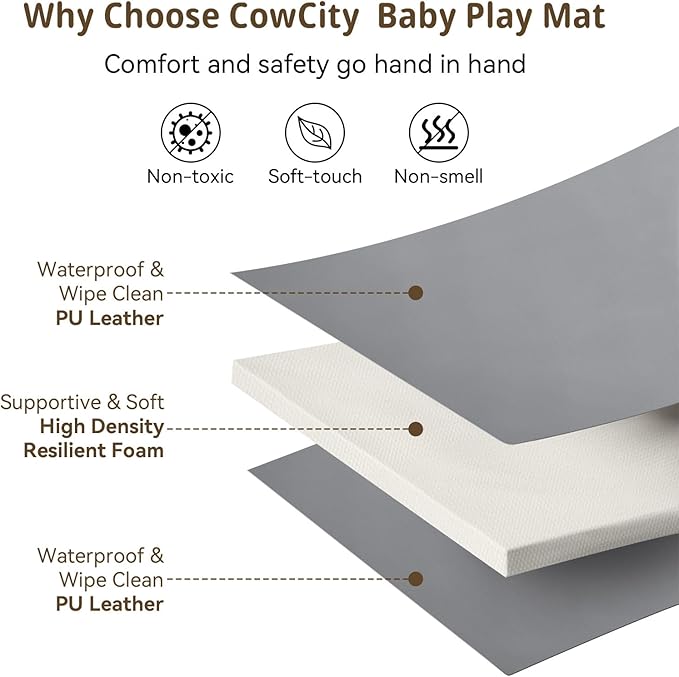 Baby Play Mat, 48 x 48 Inch Foldable PU Leather Waterproof Playpen Mat, 1.6" Extra Thick Foam Floor Mat for Infants and Toddlers, Non-slip Toddler Activity Playmat Cushion, Light Grey