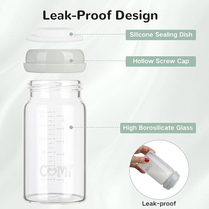 COMI Natural Glass Baby Bottle,Breastmilk Storage Bottle for Fridge,Wide Neck Breast Milk Container with Dome Cap,Fits Breast Pumps & Nipples,BPA Free,4PCS (6oz,4 Gray Lids)