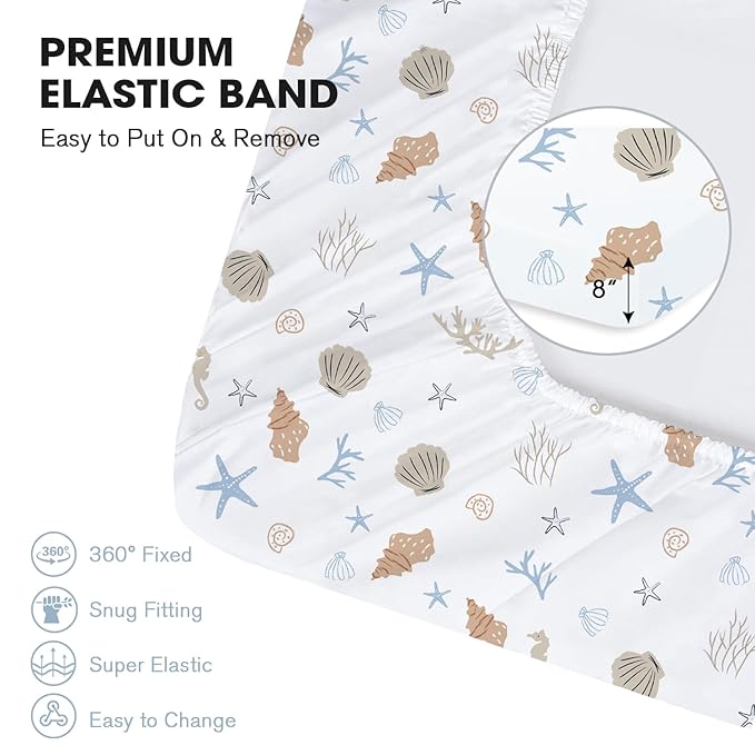 Little Grape Land Crib Sheets 2 Pack, Microfiber Fitted Crib Sheet for Standard Crib Mattress 52"x28"x8", Soft and Neutral Baby Crib Sheets for Boys and Girls, Breathable & Easy Care, Seashell Haven