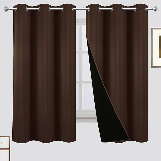 LEMOMO 100% Blackout Curtains 42 x 63 Inch Chocolate Brown Curtains 2 Panels Darkening Thermal Insulated Bedroom Curtains