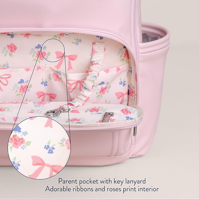 Itzy Ritzy Diaper Bag Backpack – Large Capacity Boss Plus Baby Backpack Diaper Bag Featuring 19 Pockets, Changing Pad, Stroller Clips, and Comfortable Straps (Pink Ribbons & Roses)