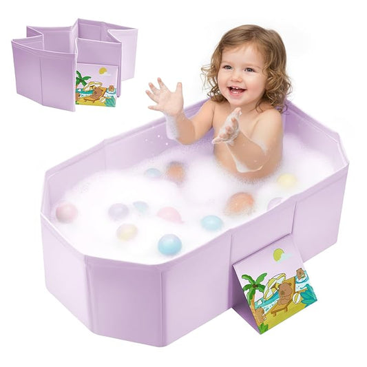 Baby Bathtub for Newborn to Toddlers, Foldable Infants Babies Bath Tub with Non-Slip Base and Drain Plug, Portable Bathtub for Home Outdoor (Pink, 75-45-25CM)