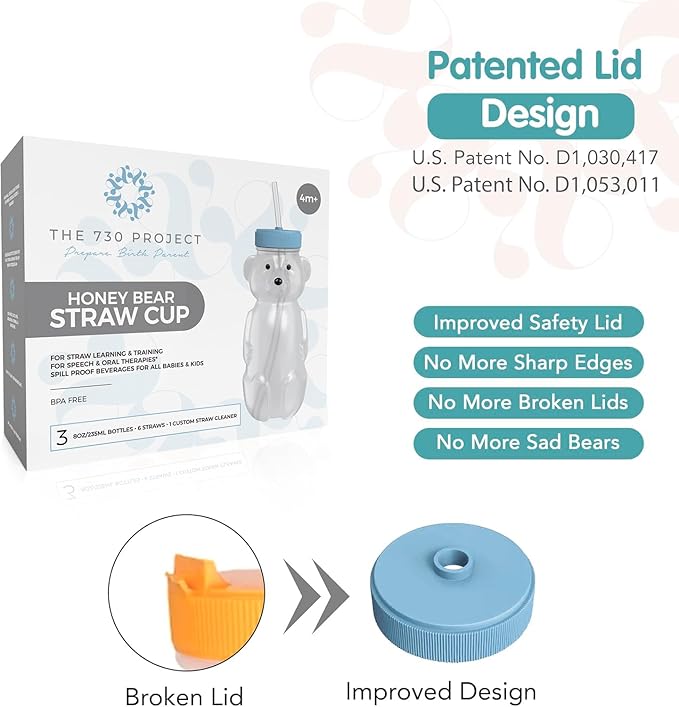 The 730 Project Honey Bear Straw Cup for Babies, 8-oz Honey Bear Cup with Lid, 3-Pack Therapy Learning Honeybear Straw, Baby Bottle Set, Blueberry Pie BLUE