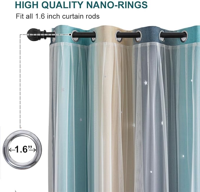 Star Girl and Kids Curtains for Bedroom Rainbow Ombre Double Layer Cute Shot Nursery Darkening Grommet Princess Room Décor 2 Panels Living Room Window Curtain (Blue Yellow52W x 84L