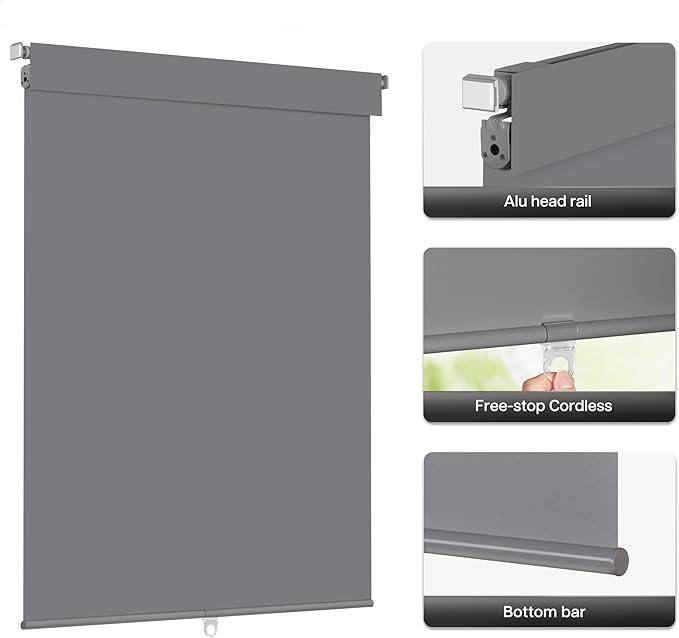 LazBlinds No Drill Blinds for Indoor Windows, Blackout Roller Shades, Cordless Window Blackout Blinds, Thermal Insulated Fabric UV Protection for Home and Office, 28" W x 48" H, Grey