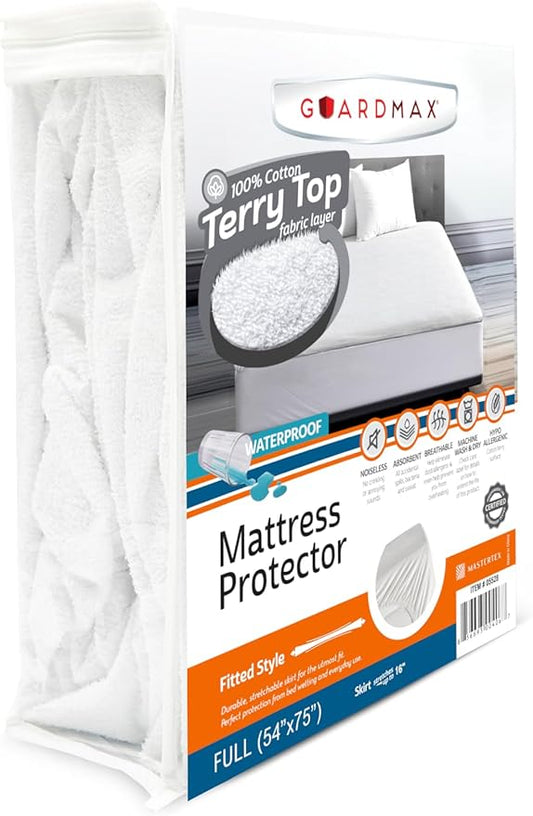 Guardmax Terry Cotton Full Size Mattress Protector - Waterproof & Dust Mite Proof Mattress Cover with Stretchable Pockets - Soft, Comfortable, & Noiseless Waterproof Fitted Sheet.(54 x 75 x 13)