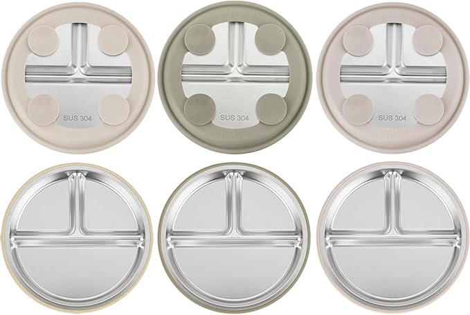 PandaEar 3 Pack Stainless Steel Baby Suction Plates, Divided Toddler Plate for Baby Led Weaning Supplies, Non-Slip Toddler Baby Feeding Set Dishwasher Safe (Linen Brown Tan)