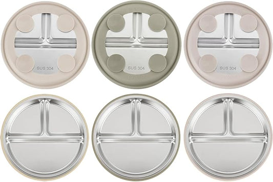 PandaEar 3 Pack Stainless Steel Baby Suction Plates, Divided Toddler Plate for Baby Led Weaning Supplies, Non-Slip Toddler Baby Feeding Set Dishwasher Safe (Linen Brown Tan)