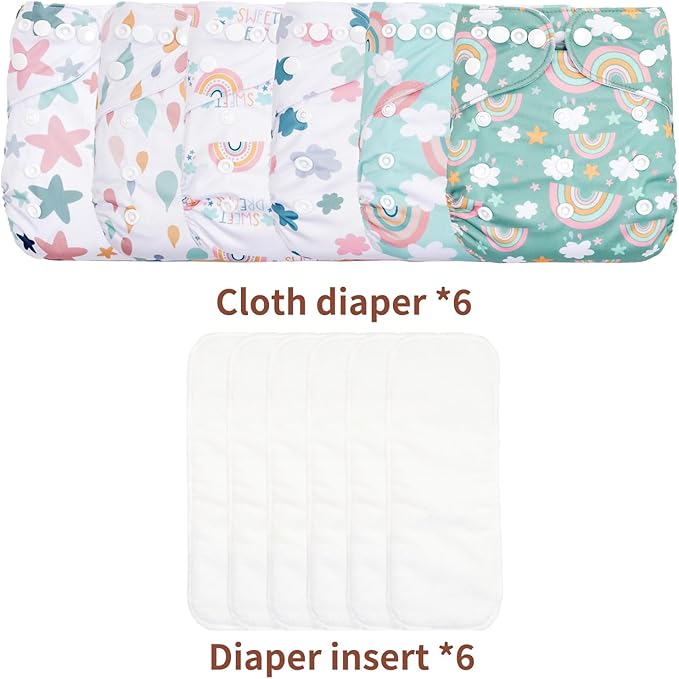CoolaPeach 12 Set Reusable Adjustable Cloth Diapers for Newborn to 0-3 Years,One Size Washable Pocket Nappy Covers for Baby Girl and Boy,6 Pack Cloth Diapers+6pcs Microfiber Inserts(Green 2)