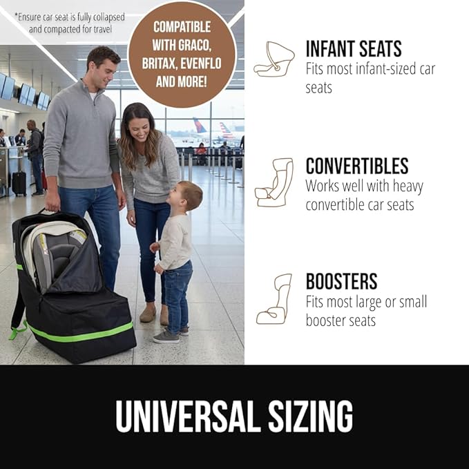 GORILLA GRIP Tear and Water Resistant Padded Car Seat Travel Bag for Airplane and Airport, Universal Fit Baby Carseat Bags, Handle & Shoulder Straps, Air Gate Check Toddler Stroller Carrier, Green