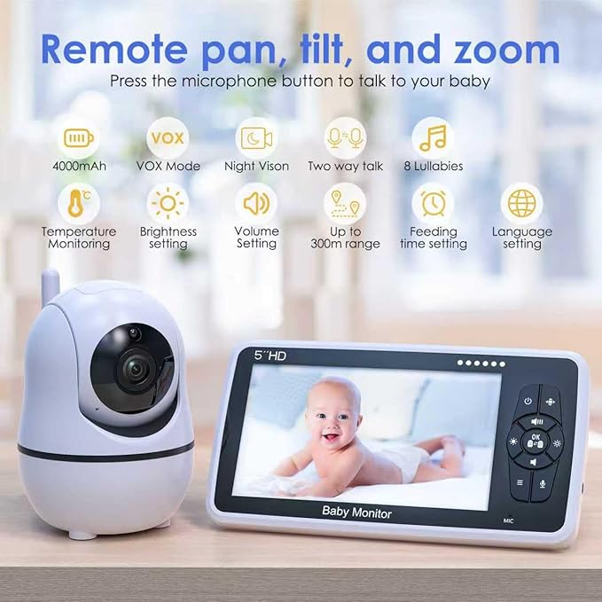 Babystar Baby Monitor with Camera and Audio, 720P HD Resolution 5" Display, 4000mAh Up to 22 Hour Battery, Remote Pan-Tilt-Zoom, No WiFi, VOX, Night Vision, 2-Way Audio, Lullabies, Temperature Sensor