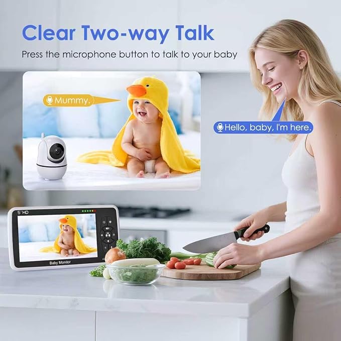 Babystar Baby Monitor with Camera and Audio, 720P HD Resolution 5" Display, 4000mAh Up to 22 Hour Battery, Remote Pan-Tilt-Zoom, No WiFi, VOX, Night Vision, 2-Way Audio, Lullabies, Temperature Sensor