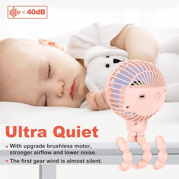 TRELC Mini Stroller Fan, 19H Ultra-long Battery Life, Personal Handheld Clip on Portable Rechargeable Fan with Flexible Tripod, Gift for Children Baby Office Room Car Travel BBQ Gym (Pink)