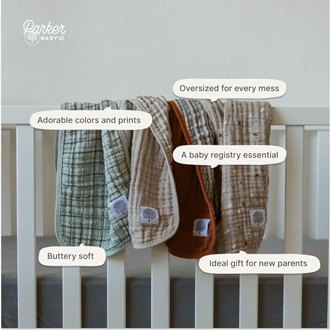 Parker Baby Muslin Burp Cloths | 100% Cotton Burping Clothes, Newborn Essential | Must-Have Baby Registry, Modern and Trendy Colors | 20"x11" Unisex Large Baby Burp Cloths, 4-Pack Pebble