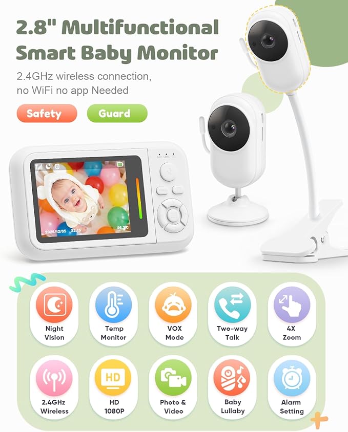 Baby Monitor No WiFi with Clip Mount, 2.8” Wireless Baby Monitor with Camera and Audio, 1080P Video, Night Vision, VOX, Temperature Sensor, 2-Way Audio, Lullabies