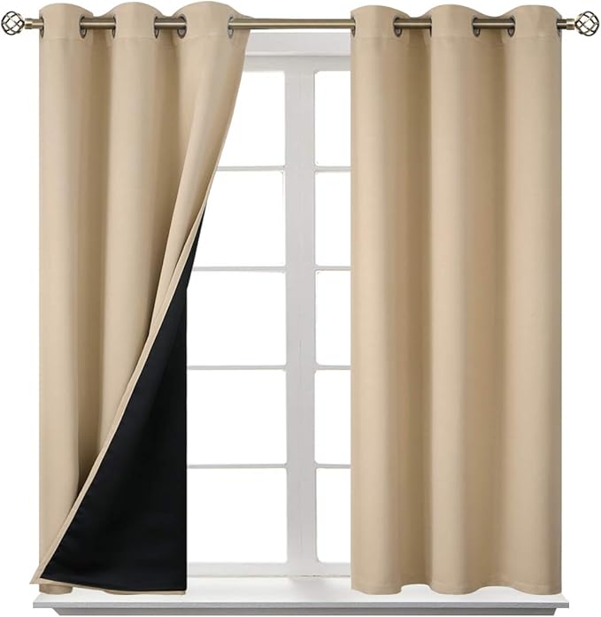BGment Short 100% Blackout Curtains for Bedroom, Thermal Insulated Energy Efficiency Noise Reducing Grommet Curtains 54 Inch Length with Liner for Small Window 2 Panels Each 42 Inch Wide, Beige