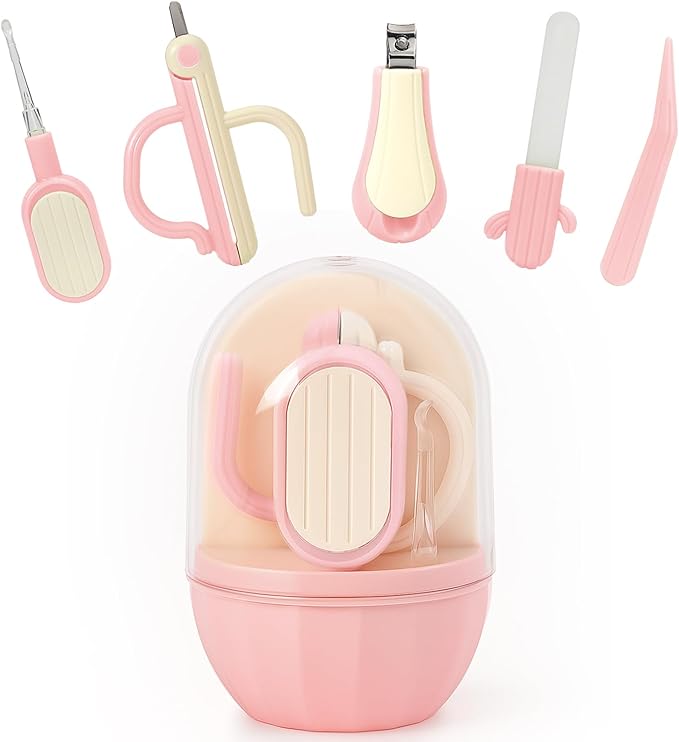 5-in-1 Baby Nail Kit with Storage Case, Cactus Theme Design Including Baby Nail Clippers, Nail Scissors, Nail File, Tweezers & Nose Picker, Newborn Essentials Must Haves for Baby Shower(Pink)