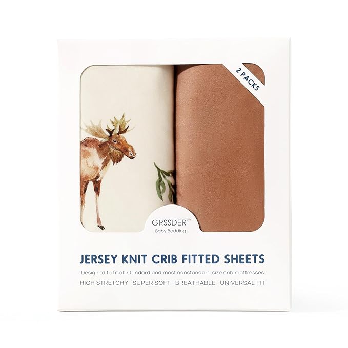 GRSSDER Stretch Ultra Soft Jersey Knit Fitted Crib Sheets Set 2 Pack, Universal Fit All Standard Crib Mattress Pads Safe and Snug, Crib Fitted Sheet with Deep Pocket, Original Design for Baby