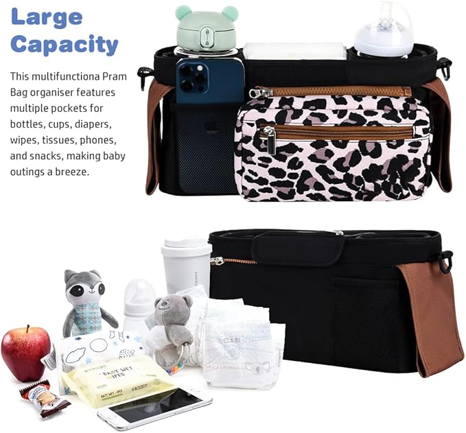 Baby Stroller Organizer, Universal Stroller Organizer with Detachable Phone Bag, Stroller Caddy with 2 Insulated Cup Holders, Buggy Organizer Bag with 2 Hooks Fits Most Strollers (Leopard)