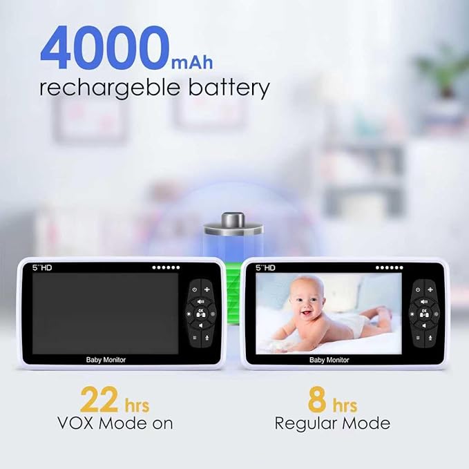 Babystar Baby Monitor with Camera and Audio, 720P HD Resolution 5" Display, 4000mAh Up to 22 Hour Battery, Remote Pan-Tilt-Zoom, No WiFi, VOX, Night Vision, 2-Way Audio, Lullabies, Temperature Sensor