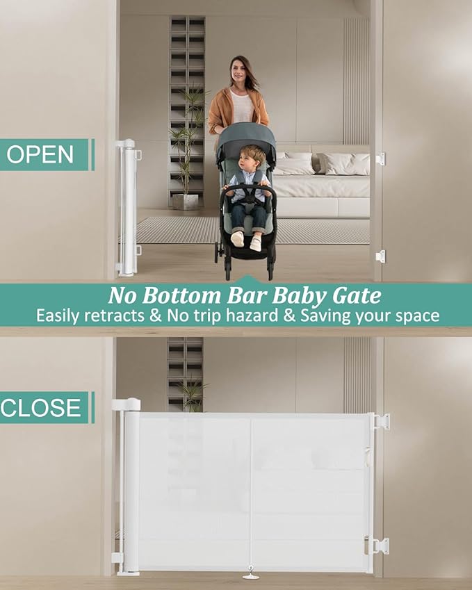 59 inch Retractable Baby Gates 42 inch Tall, Retractable Gate with Reinforced Strip Design to Prevent Crawling Through, 5 FT Retractable Dog Gate for Stairs, Doorways, Hallways, Indoor/Outdoor