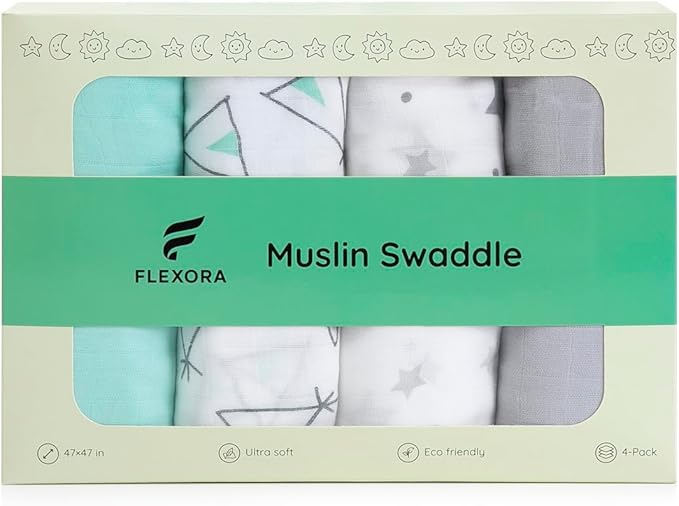 Muslin Swaddle Blankets for Baby Boys and Girls, 4-Pack Breathable and Skin-Friendly Receiving Blanket Wrap, Baby Essentials, Registry & Gift, 47 x 47 inches (Blue Contrast)